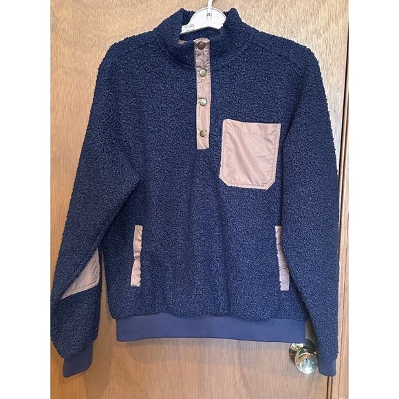 Lands End Men's Boucle Sherpa Pullover‎ Dark Blue Navy and Brown Sz Medium - Picture 1 of 5